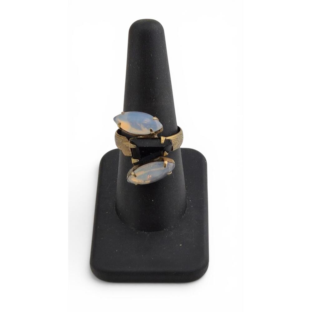 Vintage Opaline Glass & Black Rhinestone Adjustable Ring